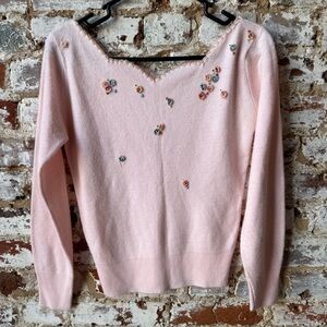 Vintage 1970s Handmade Pink Floral Embellished Women's Sweater